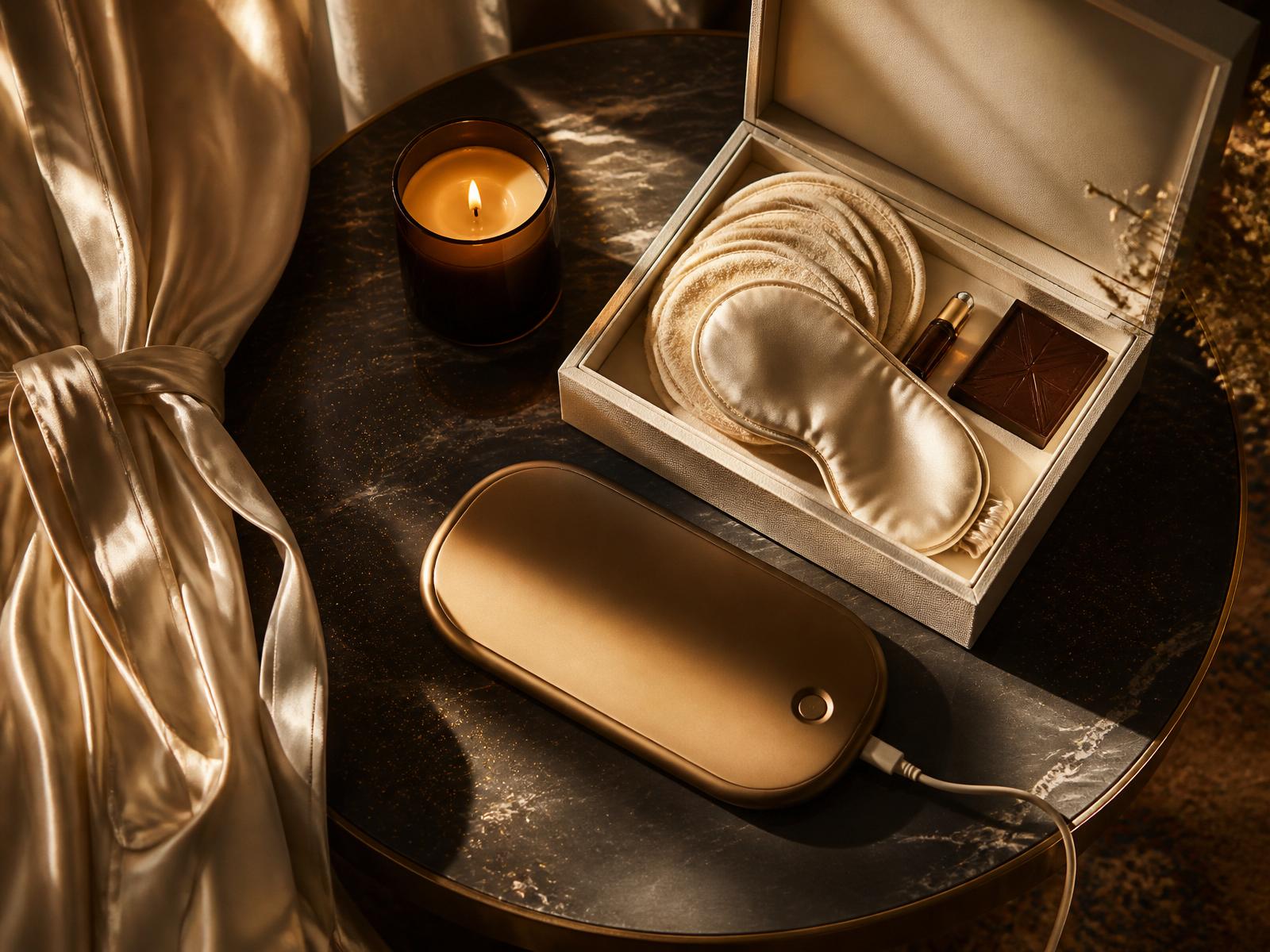 Editorial flatlay of a Surreal Comfort deluxe box on charcoal marble with silk and a warm candle